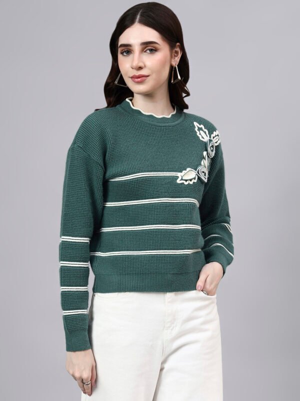S26_GREEN_01_4 Round Neck Flowered Patch Work Striped Design With Premium Acrylic Wool Women Knitted Top & Sweater
