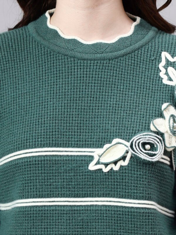S26_GREEN_01_5 Round Neck Flowered Patch Work Striped Design With Premium Acrylic Wool Women Knitted Top & Sweater