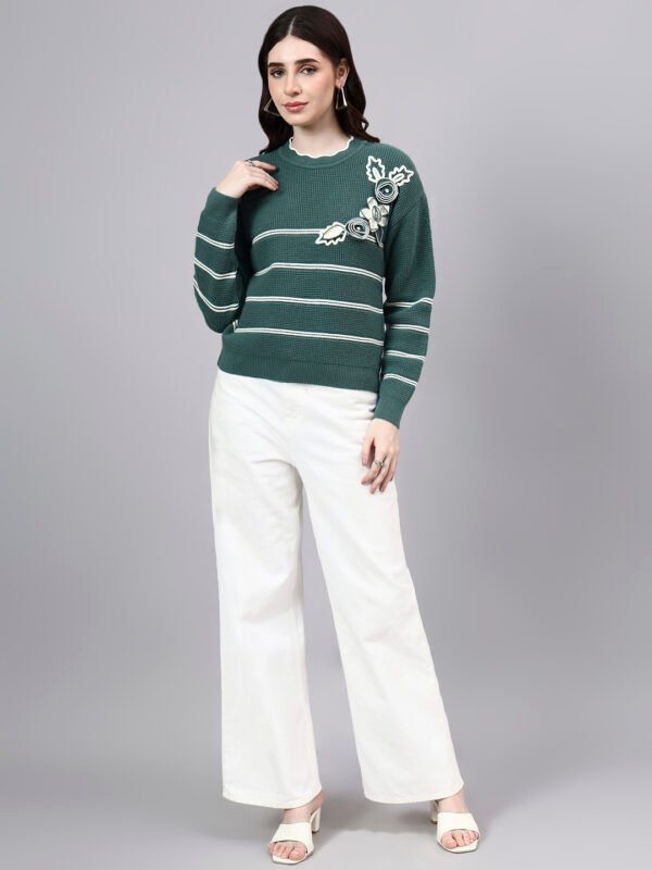 S26_GREEN_01_6 Round Neck Flowered Patch Work Striped Design With Premium Acrylic Wool Women Knitted Top & Sweater