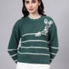 S26_GREEN_01_7 Round Neck Flowered Patch Work Striped Design With Premium Acrylic Wool Women Knitted Top & Sweater