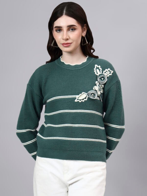 S26_GREEN_01_7 Round Neck Flowered Patch Work Striped Design With Premium Acrylic Wool Women Knitted Top & Sweater
