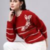S26_MAROON_01_1 Round Neck Flowered Patch Work Striped Design With Premium Acrylic Wool Women Knitted Top & Sweater