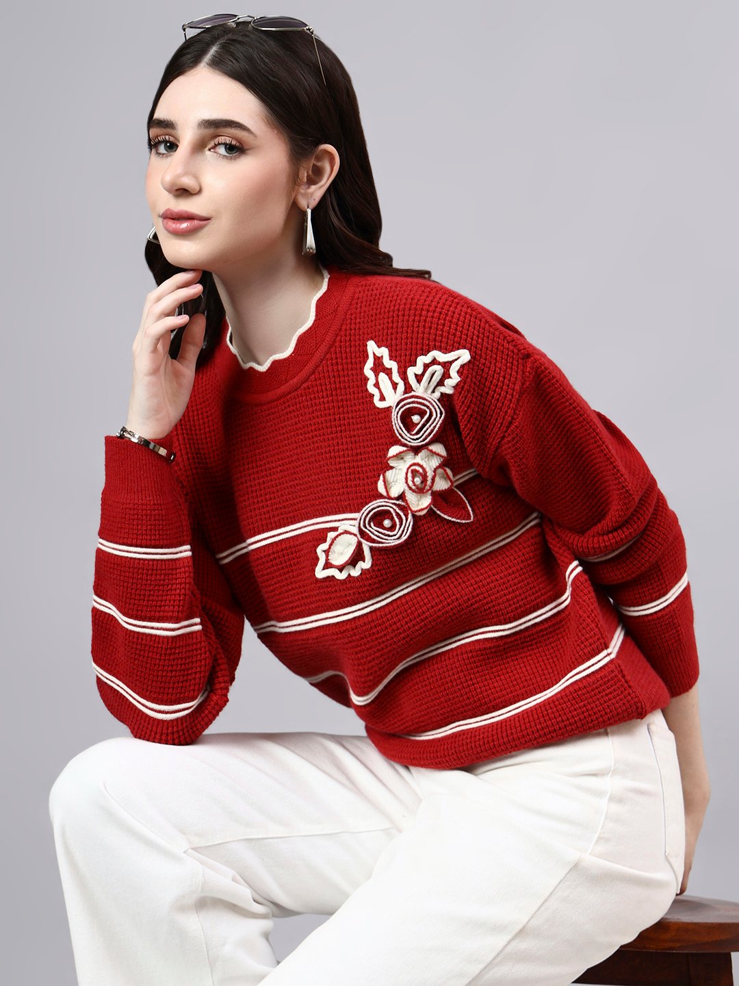 Round Neck Flowered Patch Work Striped Design With Premium Acrylic Wool Women Knitted Top & Sweater