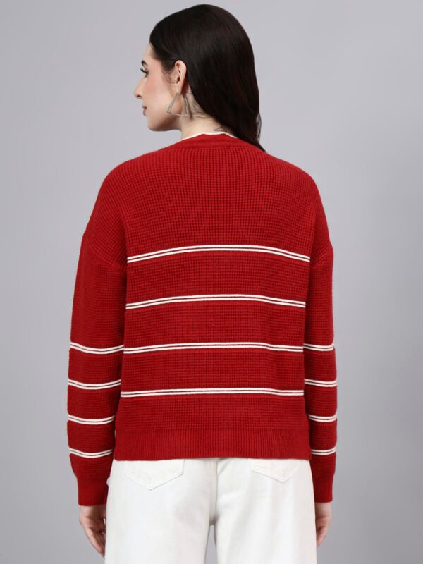 S26_MAROON_01_2 Round Neck Flowered Patch Work Striped Design With Premium Acrylic Wool Women Knitted Top & Sweater
