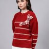 S26_MAROON_01_3 Round Neck Flowered Patch Work Striped Design With Premium Acrylic Wool Women Knitted Top & Sweater
