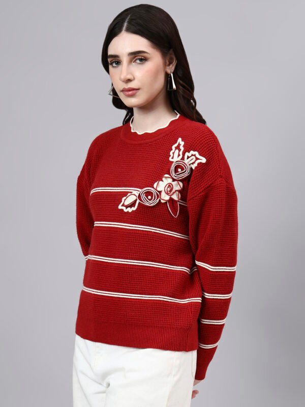 S26_MAROON_01_3 Round Neck Flowered Patch Work Striped Design With Premium Acrylic Wool Women Knitted Top & Sweater