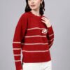 S26_MAROON_01_4 Round Neck Flowered Patch Work Striped Design With Premium Acrylic Wool Women Knitted Top & Sweater