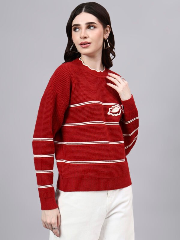 S26_MAROON_01_4 Round Neck Flowered Patch Work Striped Design With Premium Acrylic Wool Women Knitted Top & Sweater