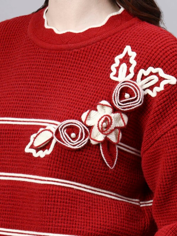 S26_MAROON_01_5 Round Neck Flowered Patch Work Striped Design With Premium Acrylic Wool Women Knitted Top & Sweater