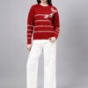S26_MAROON_01_6 Round Neck Flowered Patch Work Striped Design With Premium Acrylic Wool Women Knitted Top & Sweater