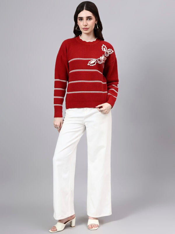 S26_MAROON_01_6 Round Neck Flowered Patch Work Striped Design With Premium Acrylic Wool Women Knitted Top & Sweater