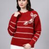 S26_MAROON_01_7 Round Neck Flowered Patch Work Striped Design With Premium Acrylic Wool Women Knitted Top & Sweater