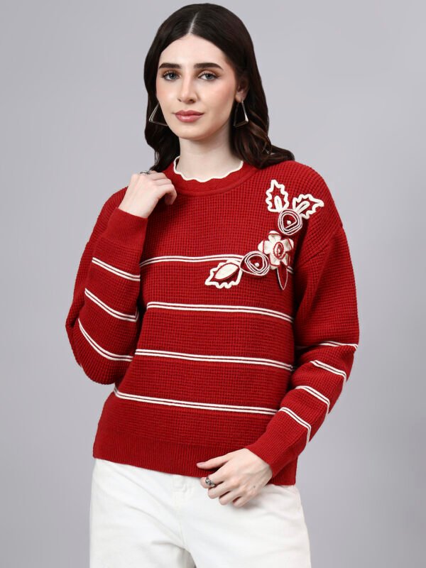 S26_MAROON_01_7 Round Neck Flowered Patch Work Striped Design With Premium Acrylic Wool Women Knitted Top & Sweater