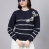 S26_NAVY_01_1 Round Neck Flowered Patch Work Striped Design With Premium Acrylic Wool Women Knitted Top & Sweater