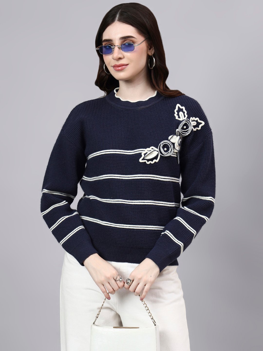 Round Neck Flowered Patch Work Striped Design With Premium Acrylic Wool Women Knitted Top & Sweater