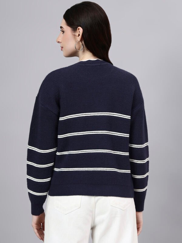 S26_NAVY_01_2 Round Neck Flowered Patch Work Striped Design With Premium Acrylic Wool Women Knitted Top & Sweater