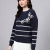S26_NAVY_01_3 Round Neck Flowered Patch Work Striped Design With Premium Acrylic Wool Women Knitted Top & Sweater