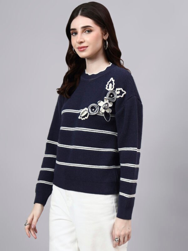 S26_NAVY_01_3 Round Neck Flowered Patch Work Striped Design With Premium Acrylic Wool Women Knitted Top & Sweater