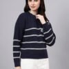 S26_NAVY_01_4 Round Neck Flowered Patch Work Striped Design With Premium Acrylic Wool Women Knitted Top & Sweater