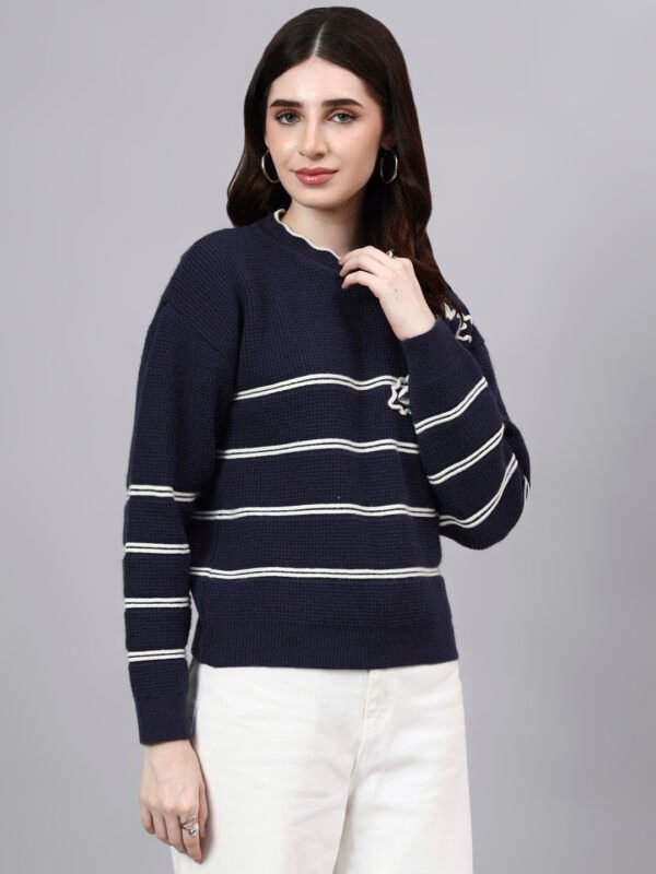 S26_NAVY_01_4 Round Neck Flowered Patch Work Striped Design With Premium Acrylic Wool Women Knitted Top & Sweater