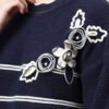 S26_NAVY_01_5 Round Neck Flowered Patch Work Striped Design With Premium Acrylic Wool Women Knitted Top & Sweater