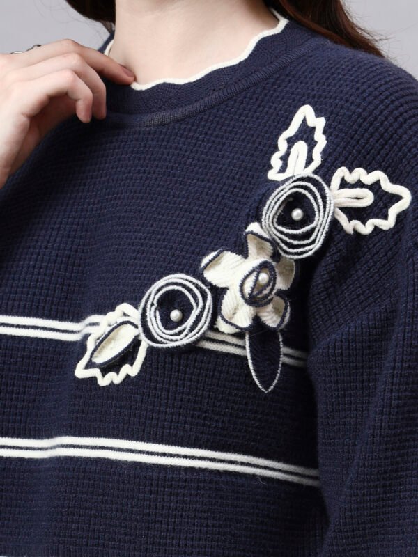 S26_NAVY_01_5 Round Neck Flowered Patch Work Striped Design With Premium Acrylic Wool Women Knitted Top & Sweater