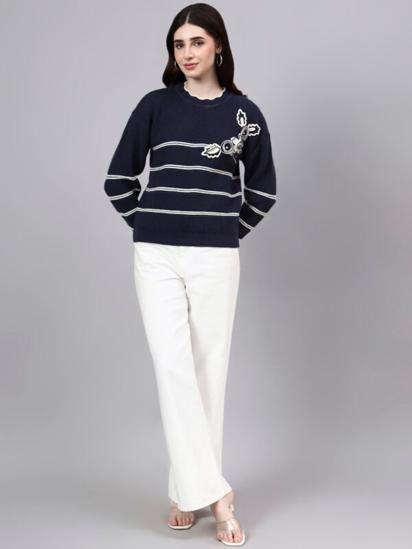 S26_NAVY_01_6 Round Neck Flowered Patch Work Striped Design With Premium Acrylic Wool Women Knitted Top & Sweater