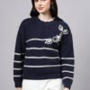 S26_NAVY_01_7 Round Neck Flowered Patch Work Striped Design With Premium Acrylic Wool Women Knitted Top & Sweater