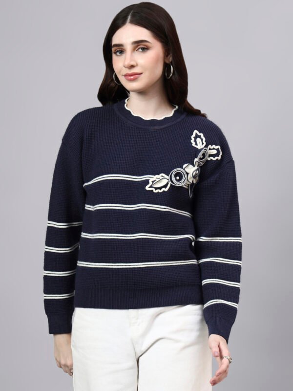 S26_NAVY_01_7 Round Neck Flowered Patch Work Striped Design With Premium Acrylic Wool Women Knitted Top & Sweater