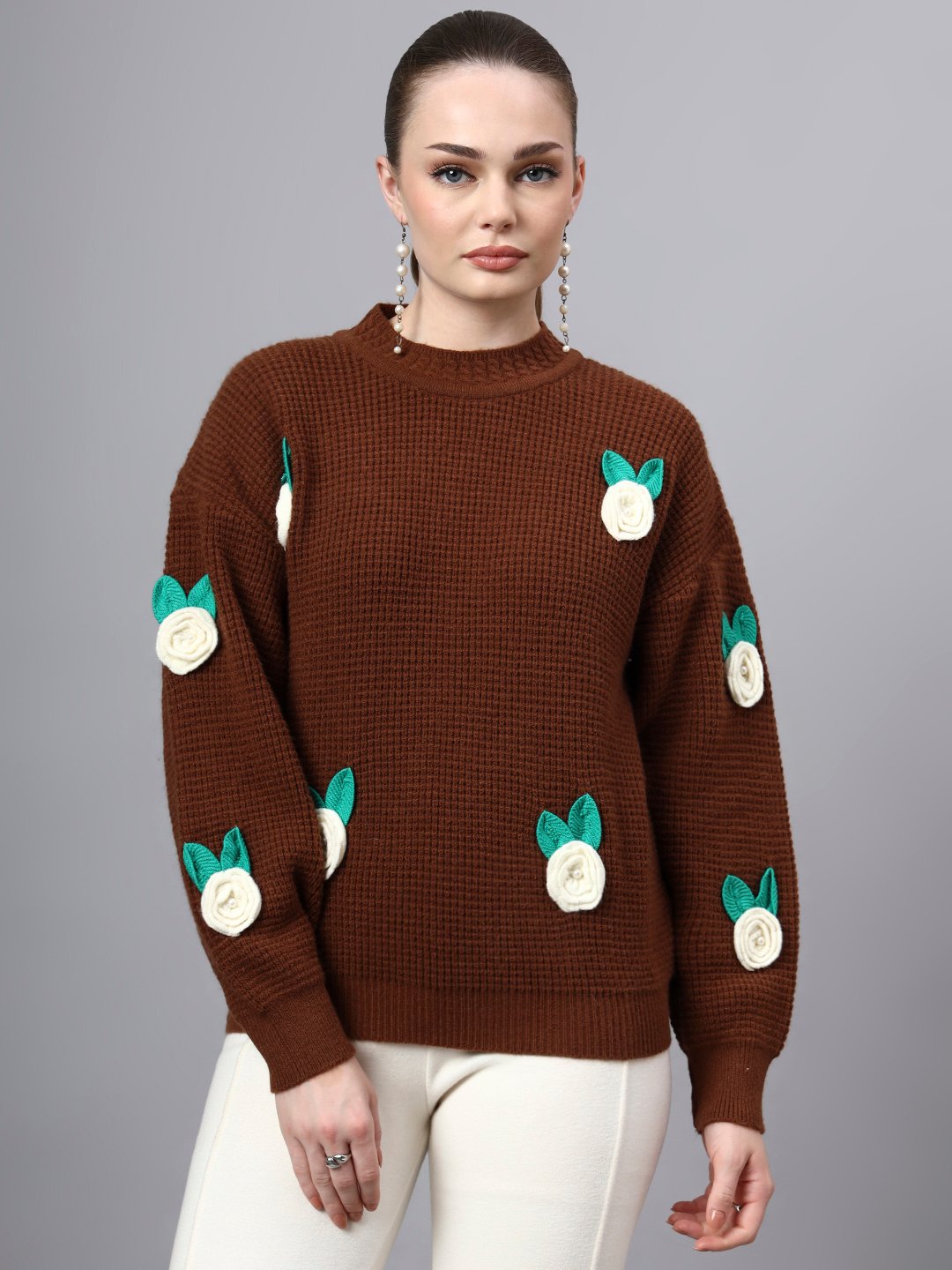 Round Neck Flowered Patch Work Design With Premium Acrylic Wool Women Knitted Top & Sweater