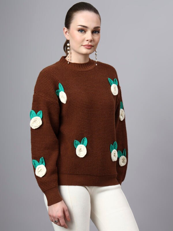 Round Neck Flowered Patch Work Design With Premium Acrylic Wool Women Knitted Top & Sweater