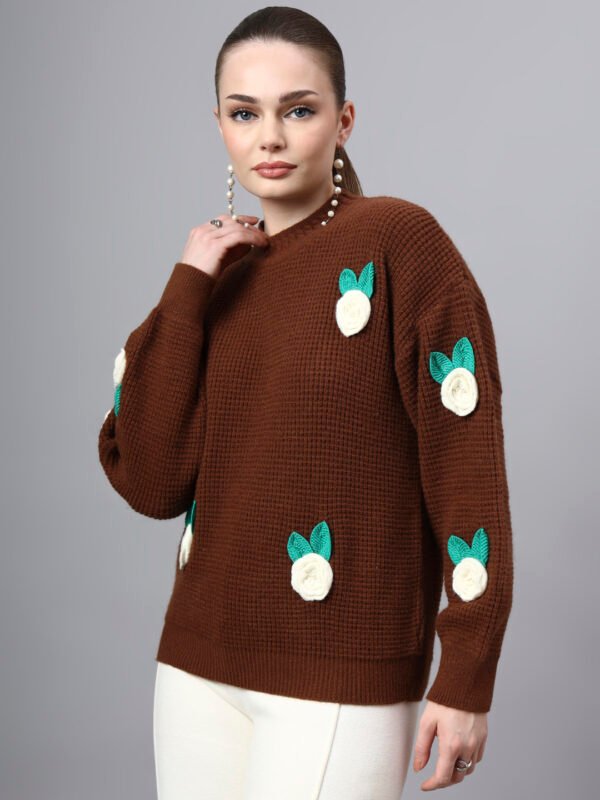 Round Neck Flowered Patch Work Design With Premium Acrylic Wool Women Knitted Top & Sweater