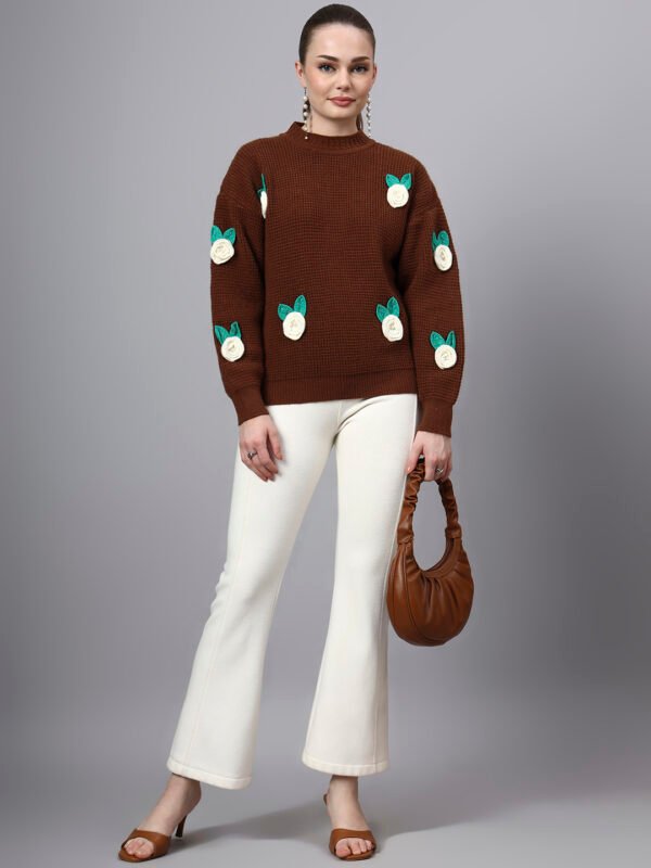 Round Neck Flowered Patch Work Design With Premium Acrylic Wool Women Knitted Top & Sweater