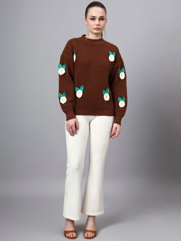 Round Neck Flowered Patch Work Design With Premium Acrylic Wool Women Knitted Top & Sweater