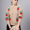 S27_CAMEL_01_1 Round Neck Flowered Patch Work Design With Premium Acrylic Wool Women Knitted Top & Sweater