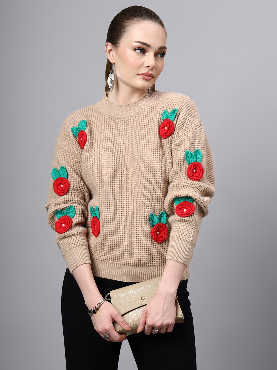 Round Neck Flowered Patch Work Design With Premium Acrylic Wool Women Knitted Top & Sweater