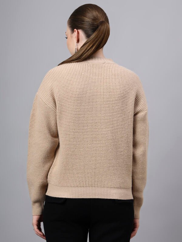 S27_CAMEL_01_2 Round Neck Flowered Patch Work Design With Premium Acrylic Wool Women Knitted Top & Sweater
