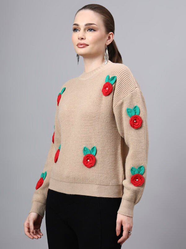S27_CAMEL_01_3 Round Neck Flowered Patch Work Design With Premium Acrylic Wool Women Knitted Top & Sweater