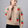 S27_CAMEL_01_4 Round Neck Flowered Patch Work Design With Premium Acrylic Wool Women Knitted Top & Sweater