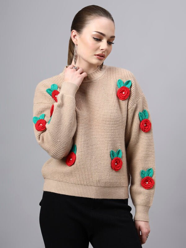 S27_CAMEL_01_4 Round Neck Flowered Patch Work Design With Premium Acrylic Wool Women Knitted Top & Sweater