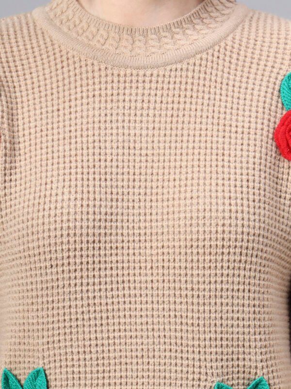 S27_CAMEL_01_5 Round Neck Flowered Patch Work Design With Premium Acrylic Wool Women Knitted Top & Sweater