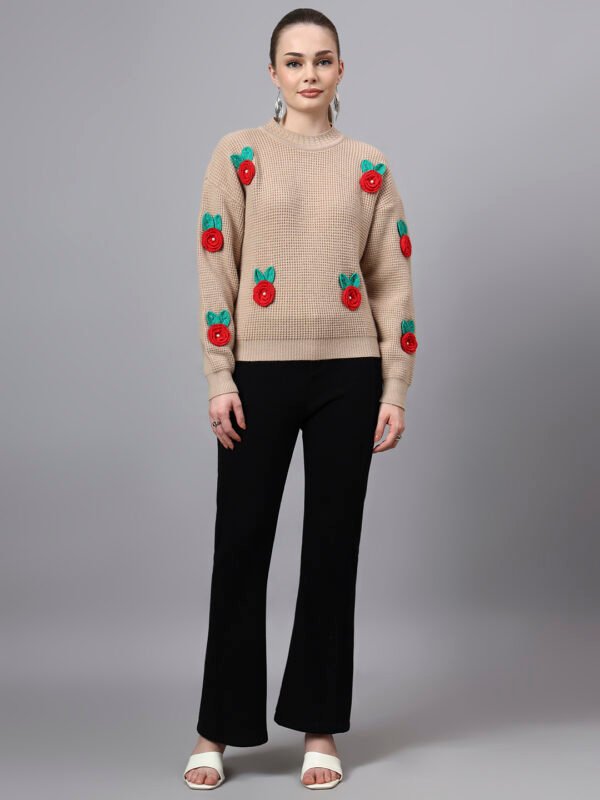 S27_CAMEL_01_6 Round Neck Flowered Patch Work Design With Premium Acrylic Wool Women Knitted Top & Sweater
