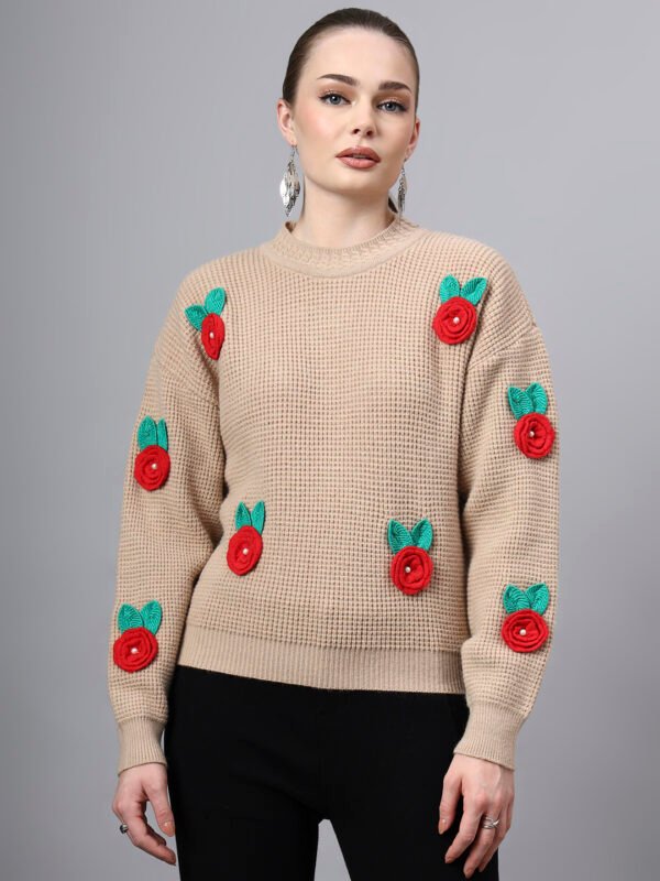 S27_CAMEL_01_7 Round Neck Flowered Patch Work Design With Premium Acrylic Wool Women Knitted Top & Sweater