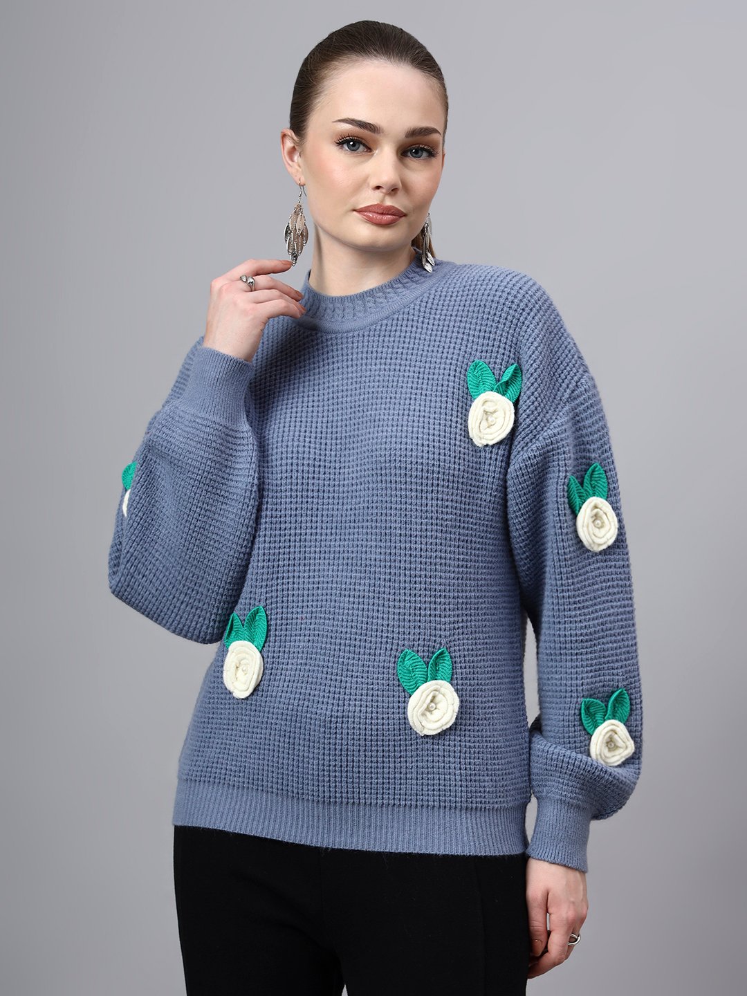 Round Neck Flowered Patch Work Design With Premium Acrylic Wool Women Knitted Top & Sweater