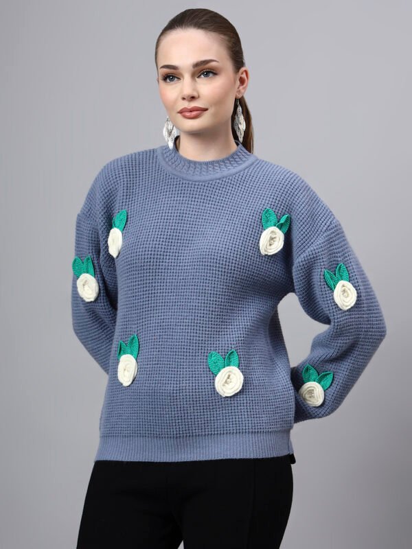 Round Neck Flowered Patch Work Design With Premium Acrylic Wool Women Knitted Top & Sweater