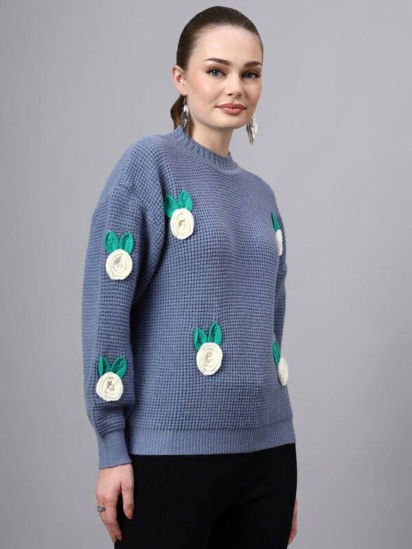 Round Neck Flowered Patch Work Design With Premium Acrylic Wool Women Knitted Top & Sweater