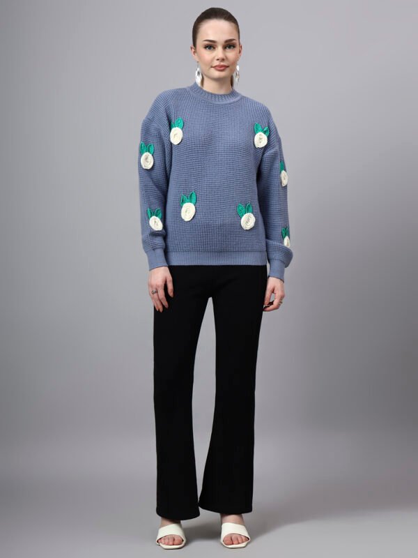 Round Neck Flowered Patch Work Design With Premium Acrylic Wool Women Knitted Top & Sweater