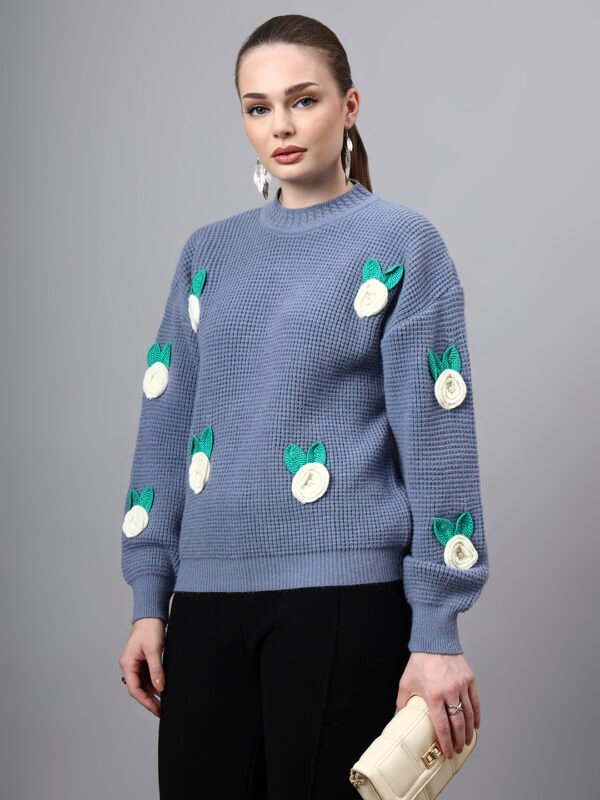 Round Neck Flowered Patch Work Design With Premium Acrylic Wool Women Knitted Top & Sweater