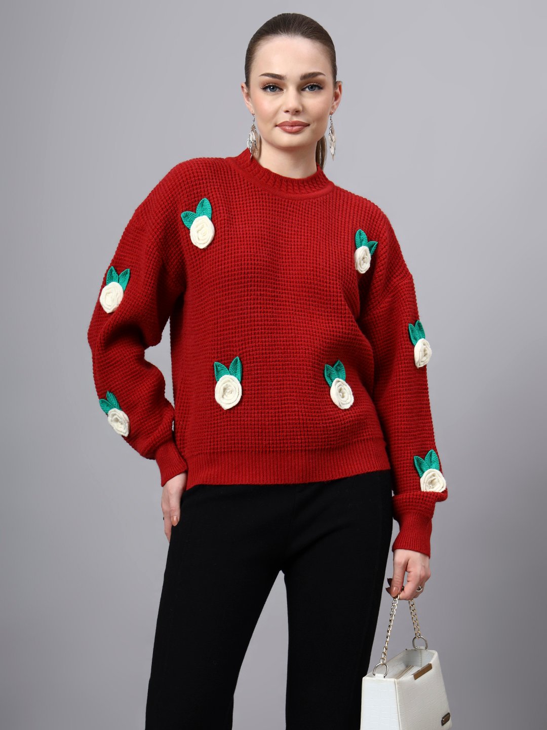 Round Neck Flowered Patch Work Design With Premium Acrylic Wool Women Knitted Top & Sweater
