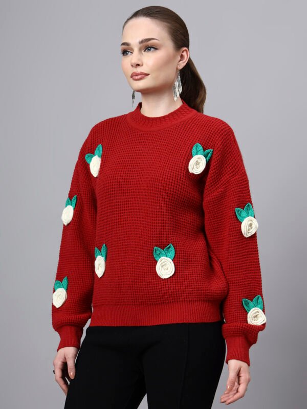 Round Neck Flowered Patch Work Design With Premium Acrylic Wool Women Knitted Top & Sweater